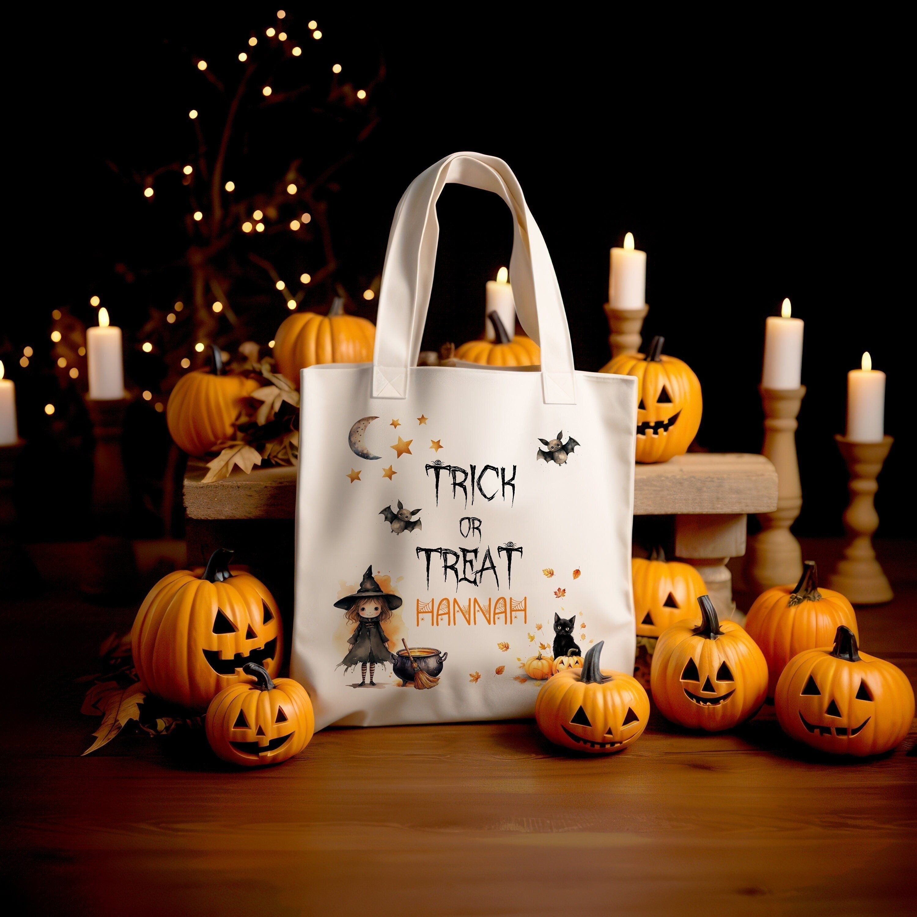 Custom Halloween Bag for Trick or Treat, Add Personalised Name Initials Present Gift Kids Spooky Scary Jack-O-Lantern Pumpkin Accessory