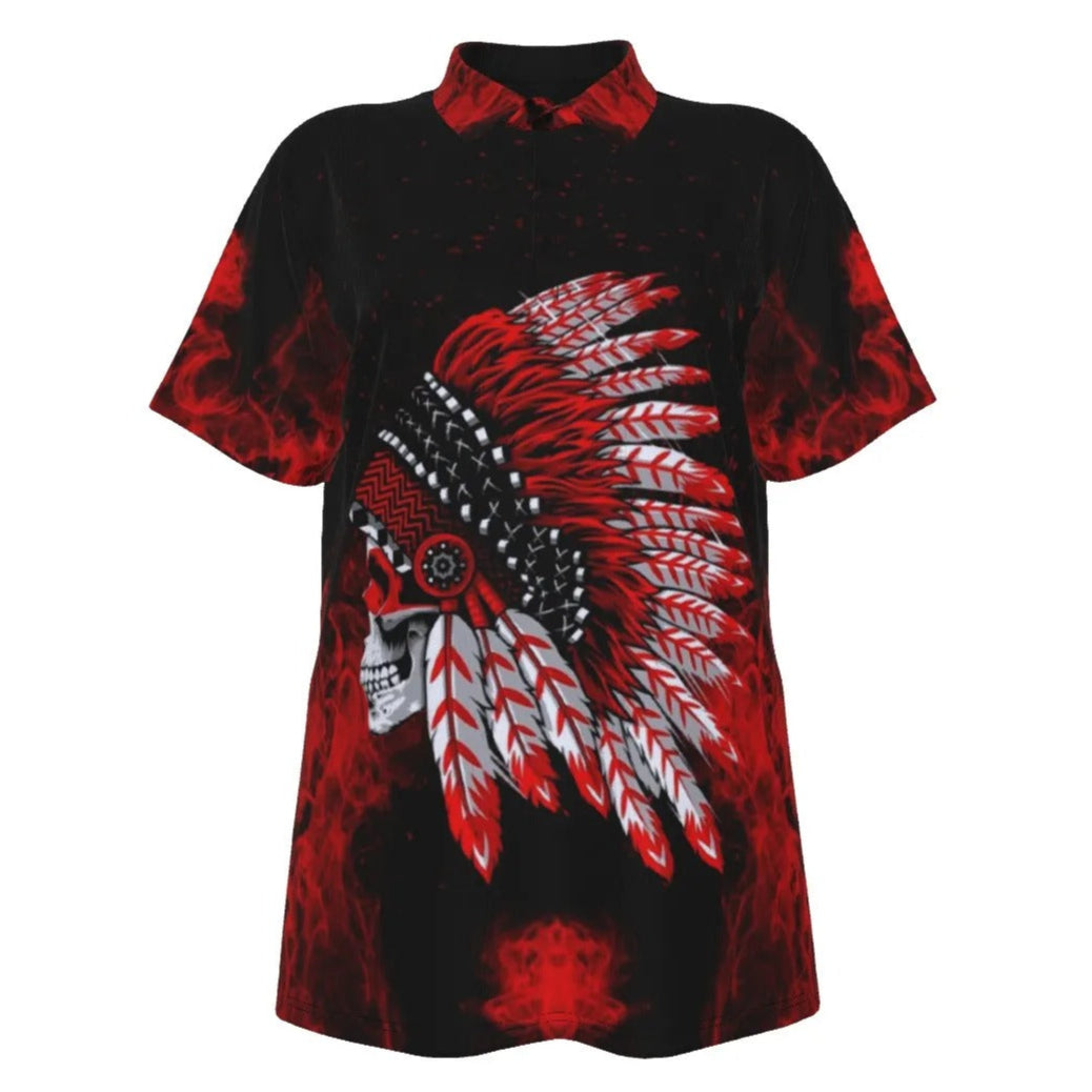Native American Skull Women’s Polo, Red Feather Headdress Shirt, Tribal Gothic Top, Red Smoke Graphic Polo, Warrior Biker Style