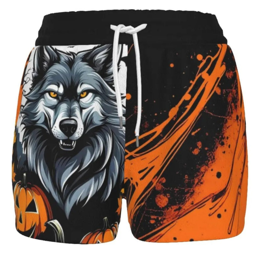 Howling Halloween Costumes Night Wolf Women’s Shorts, Spooky Pumpkin Bat Activewear, Gothic Halloween Bottoms, Halloween Horror Nights