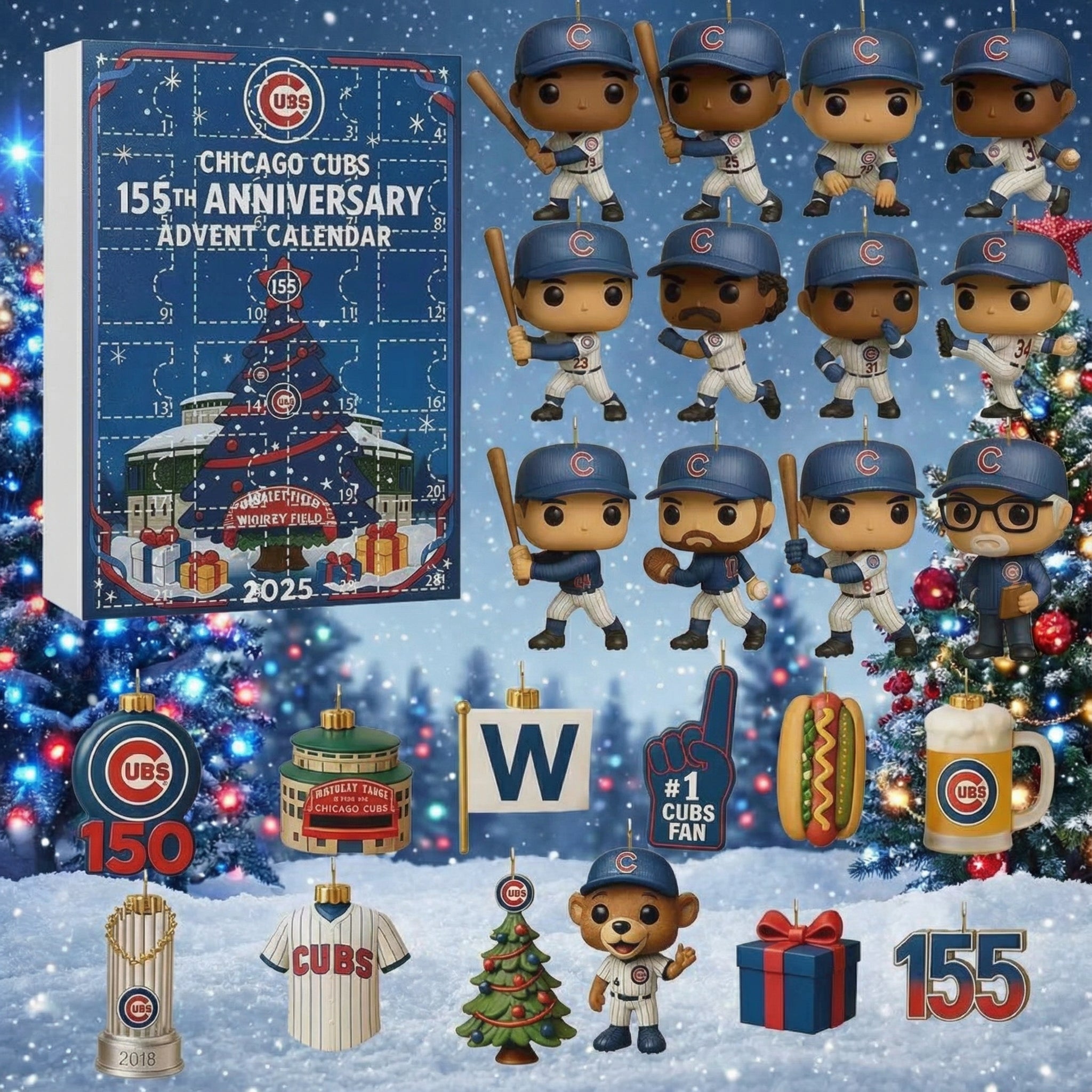 Chicago Cubs Advent Calendar 2025, 155th Anniversary Edition, MLB Fan Gift, 24 Mini Figures, Baseball Collectible Christmas Box