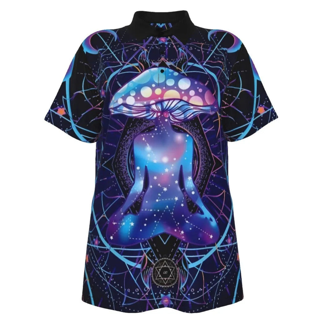 Mystic Mushroom Awakening Women’s Polo, Psychedelic Spiritual Shirt, Cosmic Mushroom Polo Top, Visionary Art Fashion Wear, Boho Mystic Style