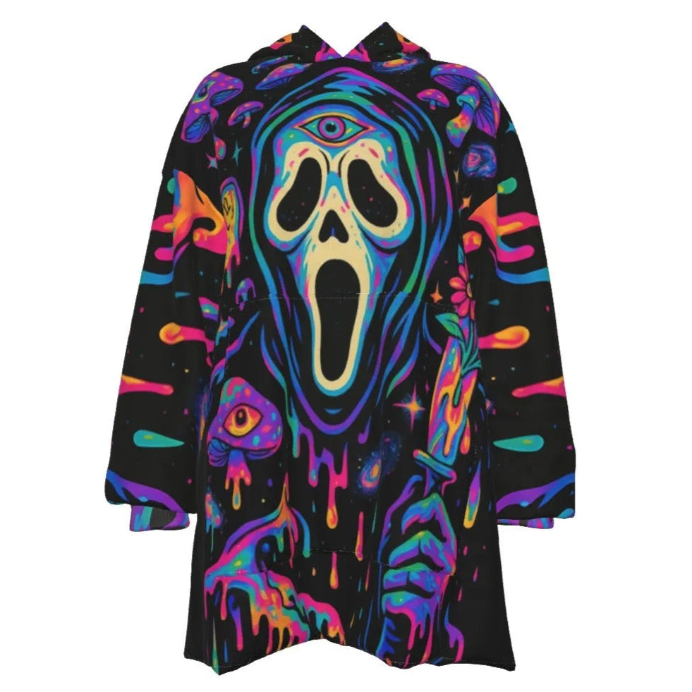 Psychedelic Halloween Costume Ideas Mushrooms Sherpa Fleece Hoodie, Neon Trippy Mushroom Cozy Trench Coat, Spooky Halloween Warm Wear, Horror Art Fashion