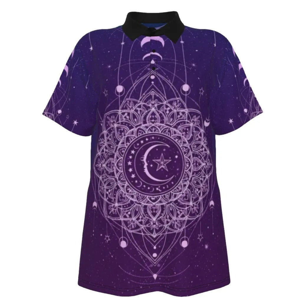 Mystic Lunar Mandala Women’s Polo, Moon Phase Spiritual Shirt, Celestial Lotus Polo Top, Sacred Geometry Cosmic Wear, Boho Mystic Style