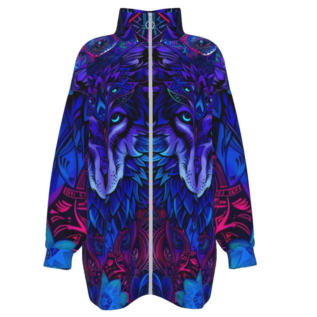 Wolf Mandala Coat, Coats Women, Spirit Animal Jacket, Blue Purple Wolf Art, Tribal Festival Clothing, Psychedelic Outerwear, Boho Mystic Fashion, Shamanic Wear