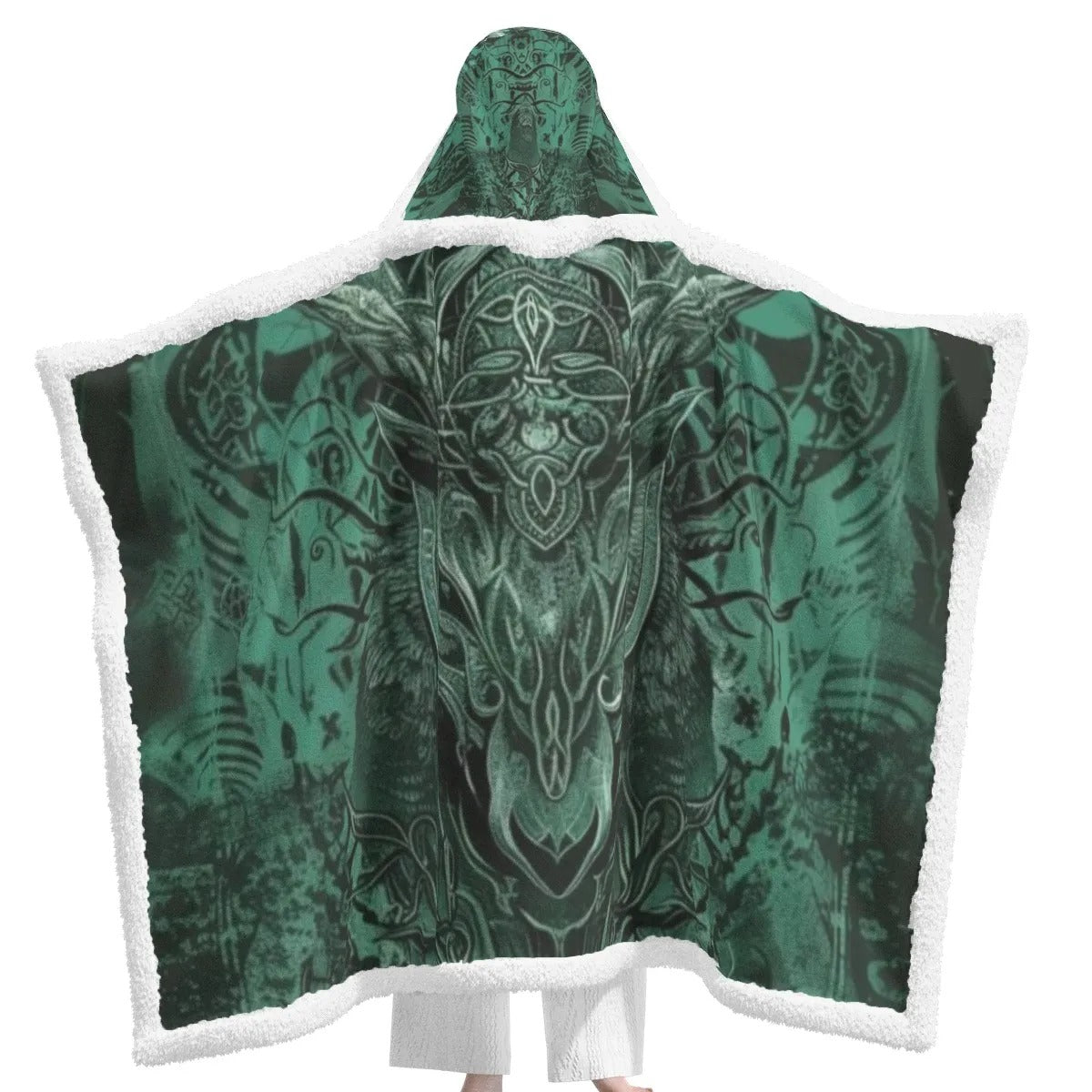 Vilking Hooded Wearable Blanket – Nordic Warrior Sherpa Cloak with Mythical Wolf & Rune Design for Viking Fans, Graduation Gift, Gift for Him and Her