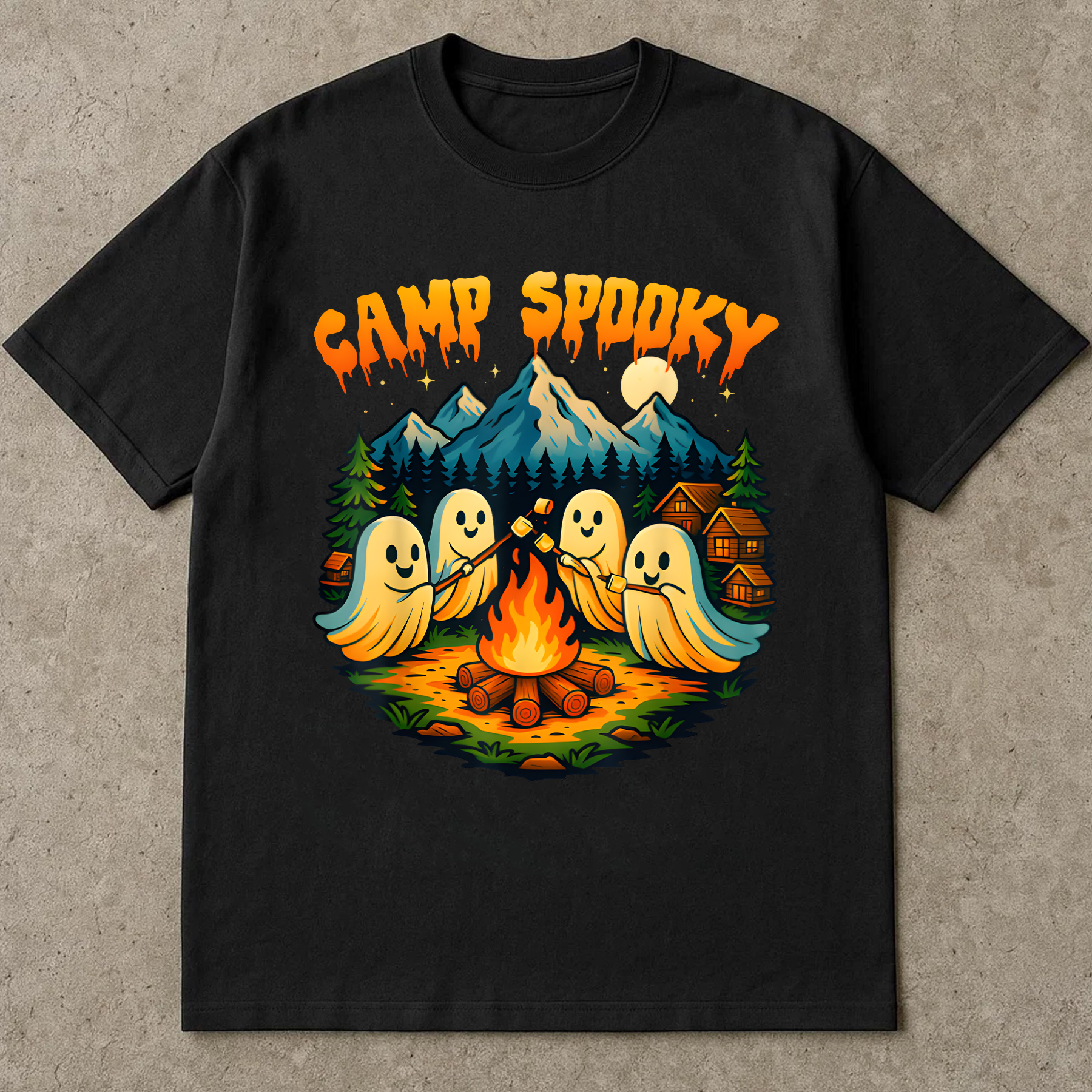 Camp Spooky Halloween Shirt, Cute Ghost Camping Tee, Fall Bonfire Graphic T-Shirt, Spooky Season Campfire Shirt for Women