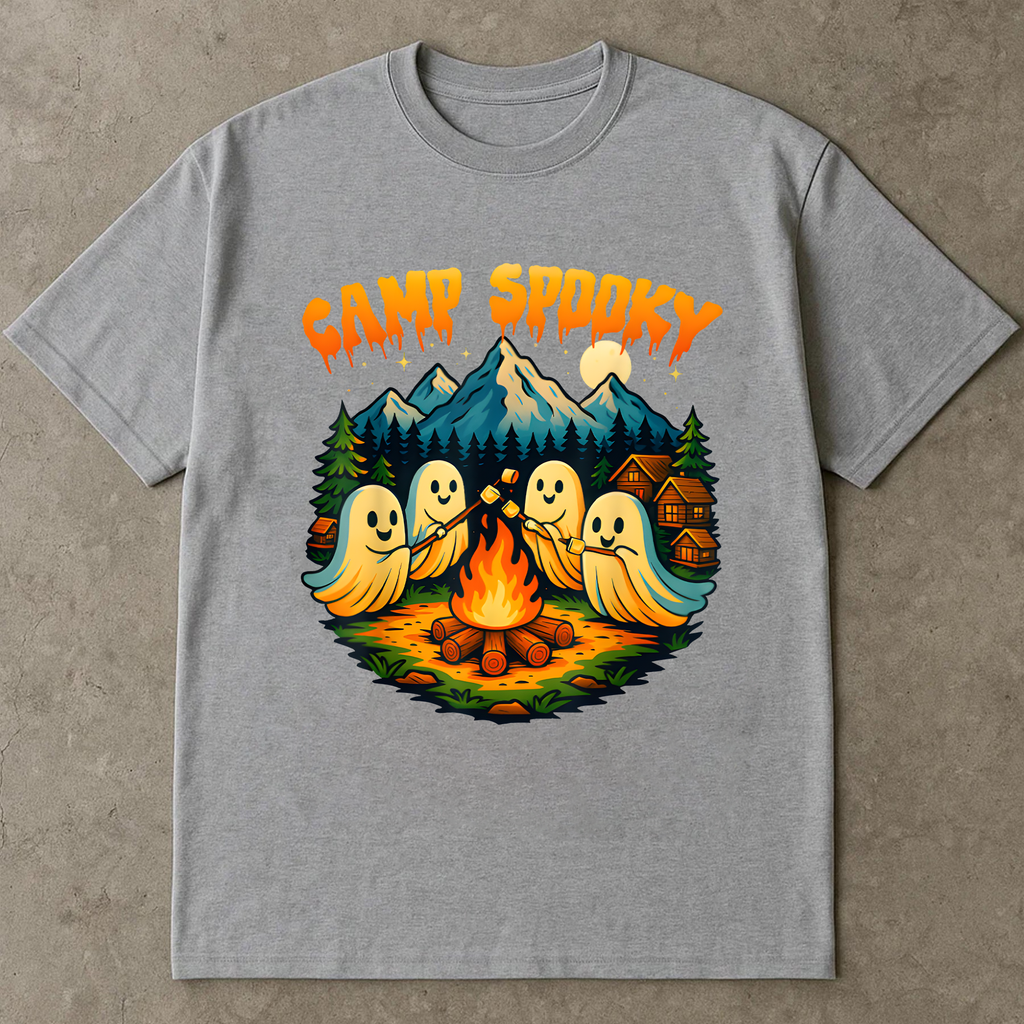 Camp Spooky Halloween Shirt, Cute Ghost Camping Tee, Fall Bonfire Graphic T-Shirt, Spooky Season Campfire Shirt for Women