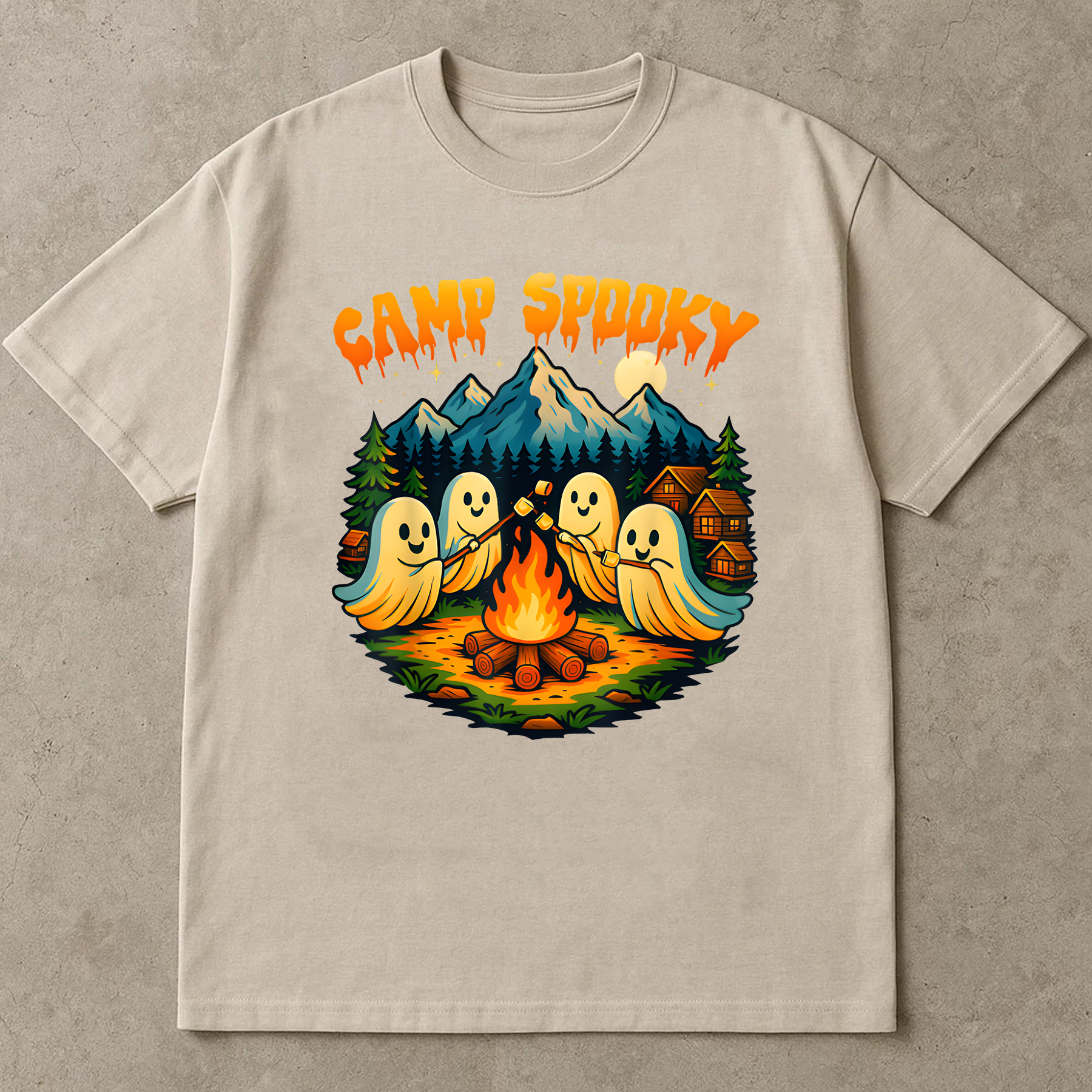 Camp Spooky Halloween Shirt, Cute Ghost Camping Tee, Fall Bonfire Graphic T-Shirt, Spooky Season Campfire Shirt for Women