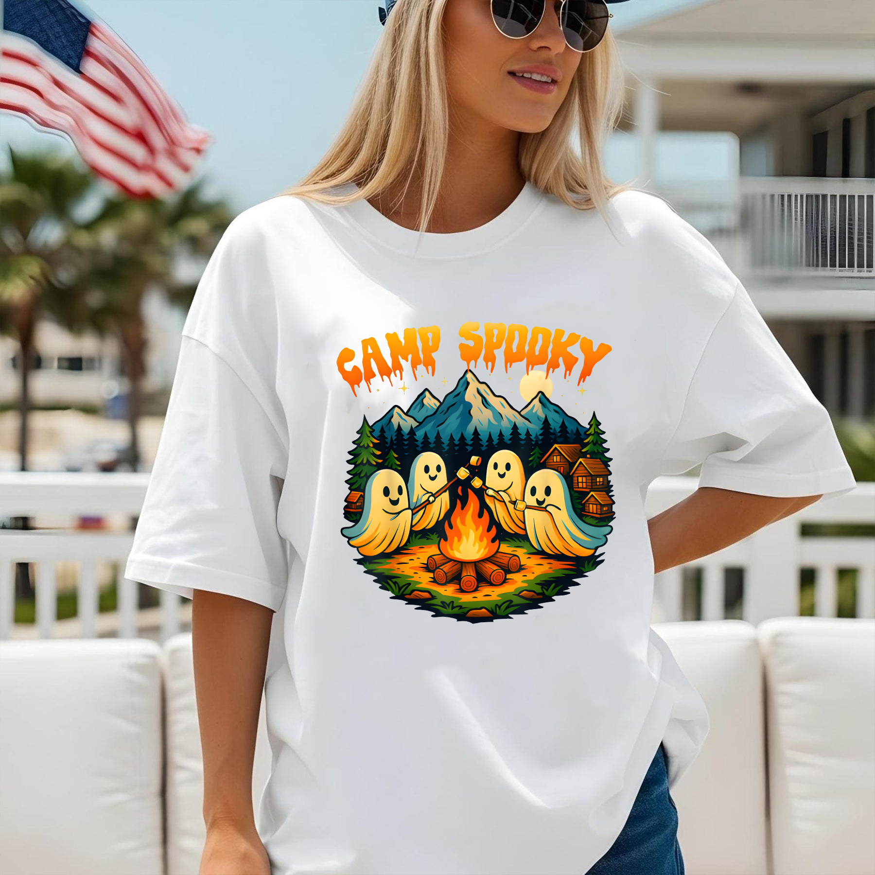 Camp Spooky Halloween Shirt, Cute Ghost Camping Tee, Fall Bonfire Graphic T-Shirt, Spooky Season Campfire Shirt for Women