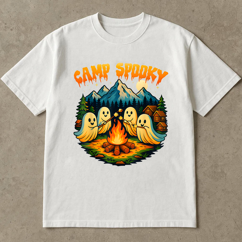 Camp Spooky Halloween Shirt, Cute Ghost Camping Tee, Fall Bonfire Graphic T-Shirt, Spooky Season Campfire Shirt for Women