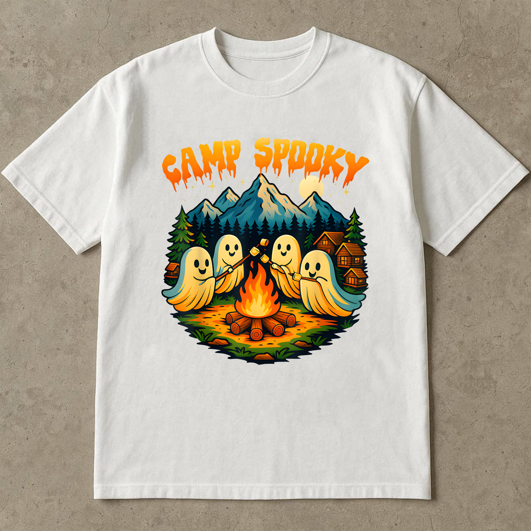 Camp Spooky Halloween Shirt, Cute Ghost Camping Tee, Fall Bonfire Graphic T-Shirt, Spooky Season Campfire Shirt for Women
