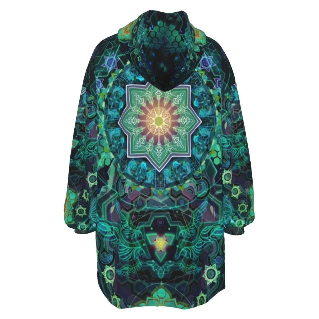 Yantric Geometry Sherpa Fleece Hoodie, Sacred Geometry Hoodie, Green Mandala Art Jacket, Psychedelic Hooded Outerwear, Spiritual Festival Wear, Boho Meditation Clothing, Mystic Fashion