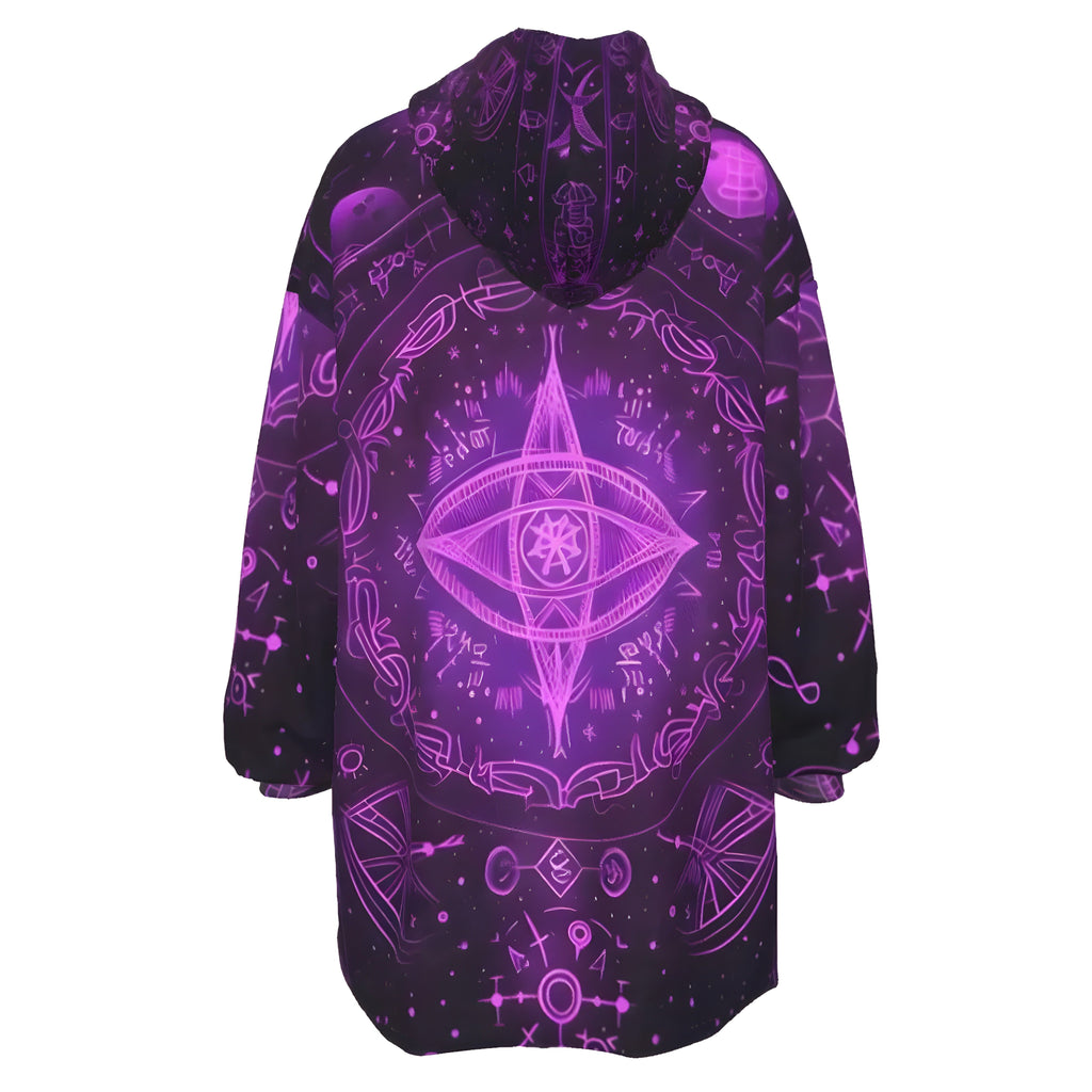 Mystical Fantasy Sherpa Fleece Hoodie, All Seeing Eye Hoodie, Purple Magic Symbols Jacket, Psychedelic Hooded Outerwear, Spiritual Festival Wear, Witchcore Clothing, Boho Mystic Fashion