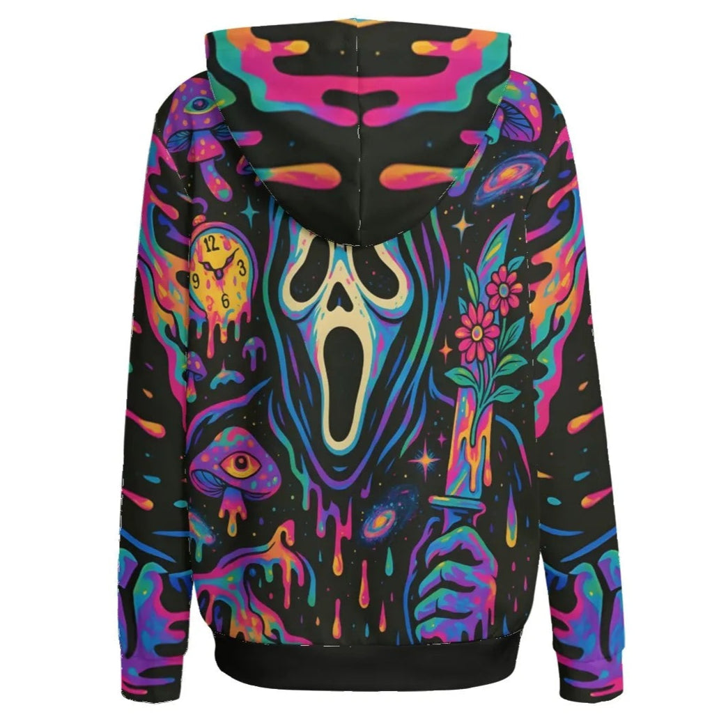 Psychedelic Halloween Mushrooms Women’s Hoodie, Neon Trippy Mushroom Sweatshirt, Spooky Halloween Art, Horror Festival Fashion