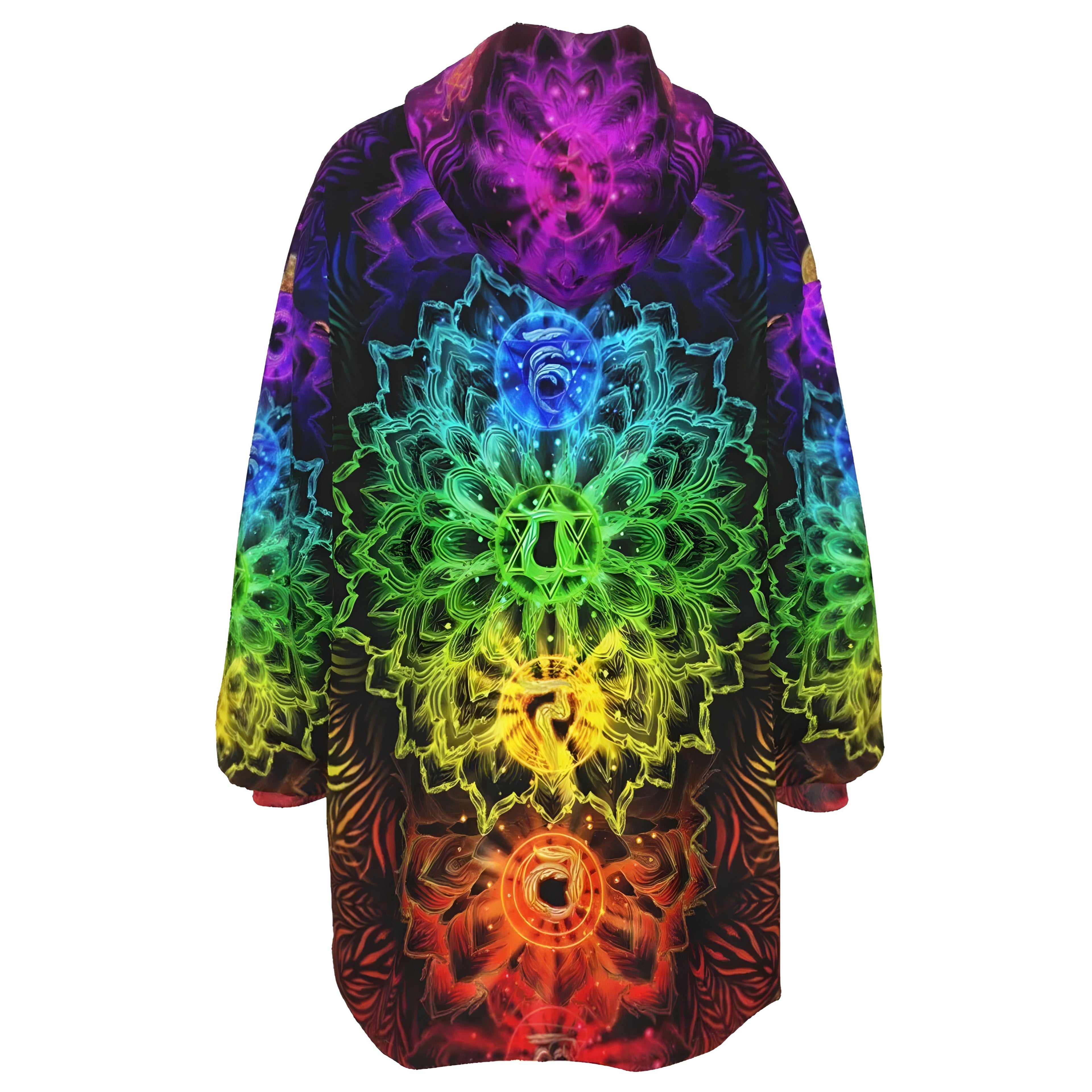 Sacred Chakras Sherpa Fleece Hoodie, Rainbow Chakra Hoodie, Spiritual Energy Jacket, Yoga Meditation Outerwear, Psychedelic Festival Wear, Boho Mystic Clothing, Healing Symbol Fashion