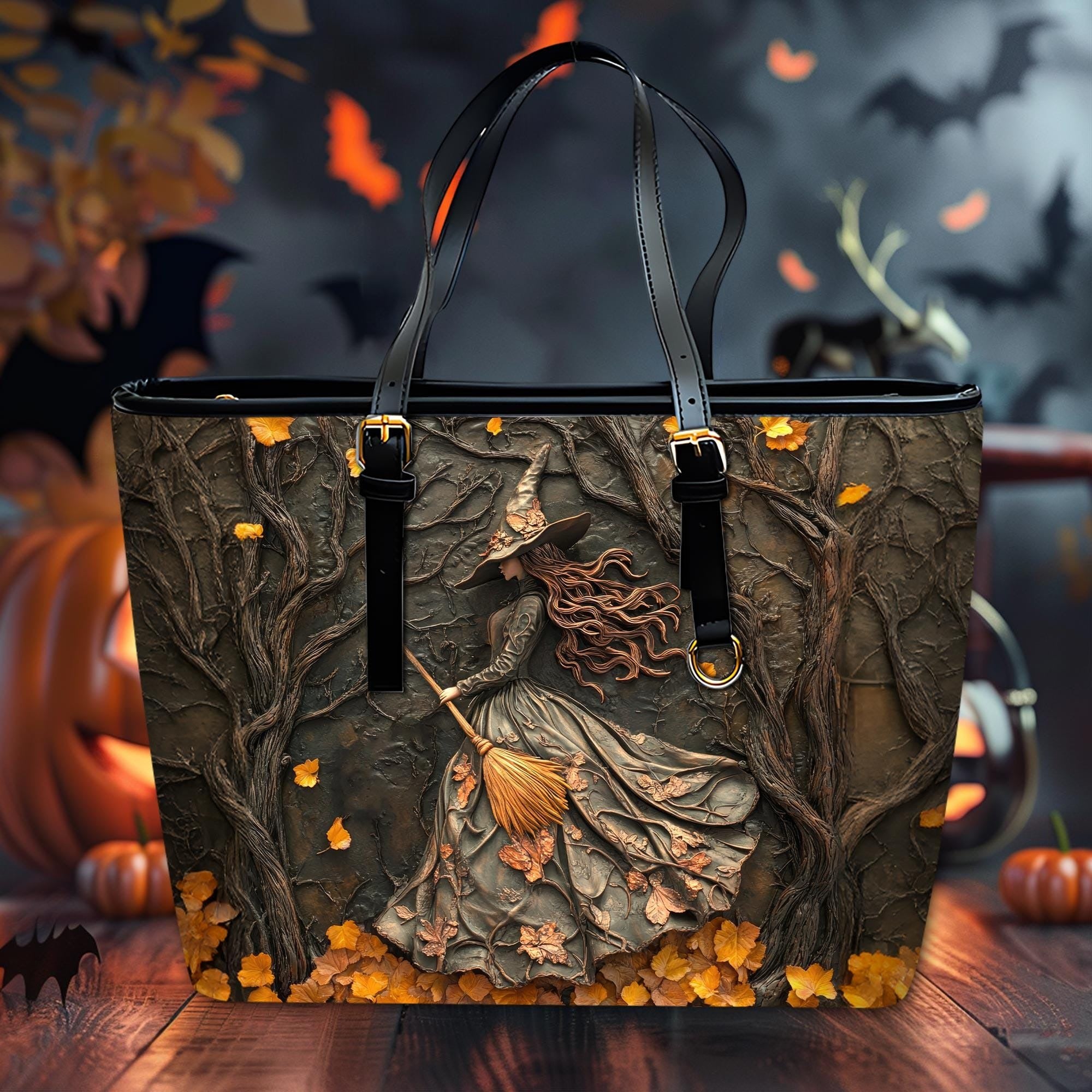 Personalized Witch Art Print Handbag With Handle, Spooky Halloween Bags, Trick Or Treat Halloween Bags, Custom Gifts