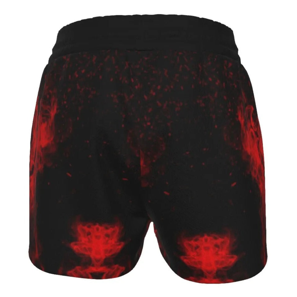 Native American Skull Women’s Shorts, Red Feather Headdress Bottoms, Tribal Gothic Shorts, Red Smoke Graphic Wear, Warrior Biker Style