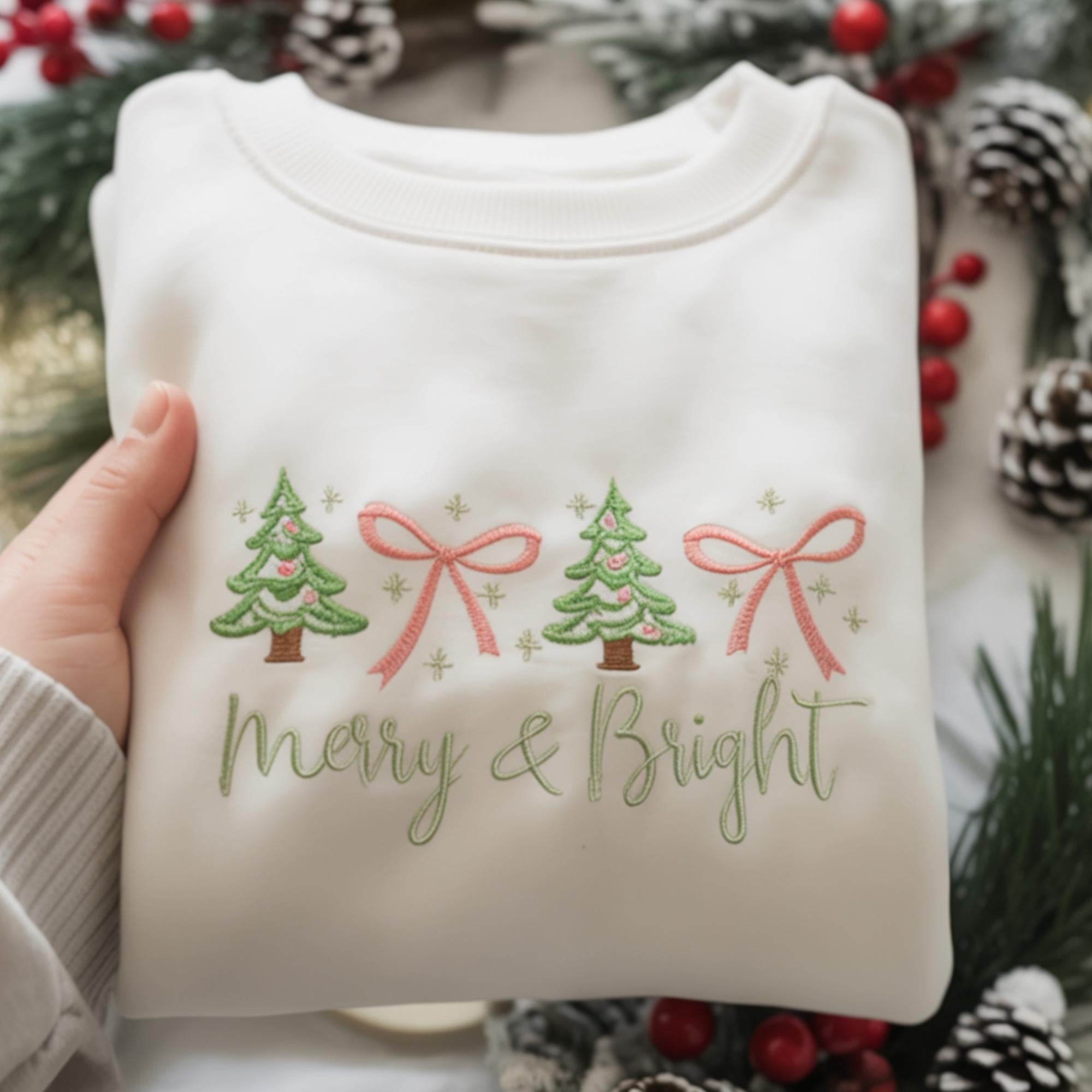 Merry & Bright Embroidered Christmas Sweatshirt, Cute Pastel Xmas Tree Sweatshirt, Holiday Cozy Crewneck Gift for Her, Winter Oufits EBAC67