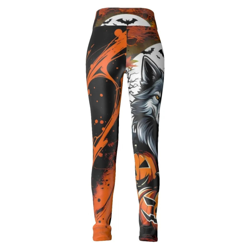 Howling Halloween Costumes Night Wolf Leggings, Spooky Pumpkin Bat Yoga Pants, Halloween Costume Ideas Activewear, Autumn Wolf Tights