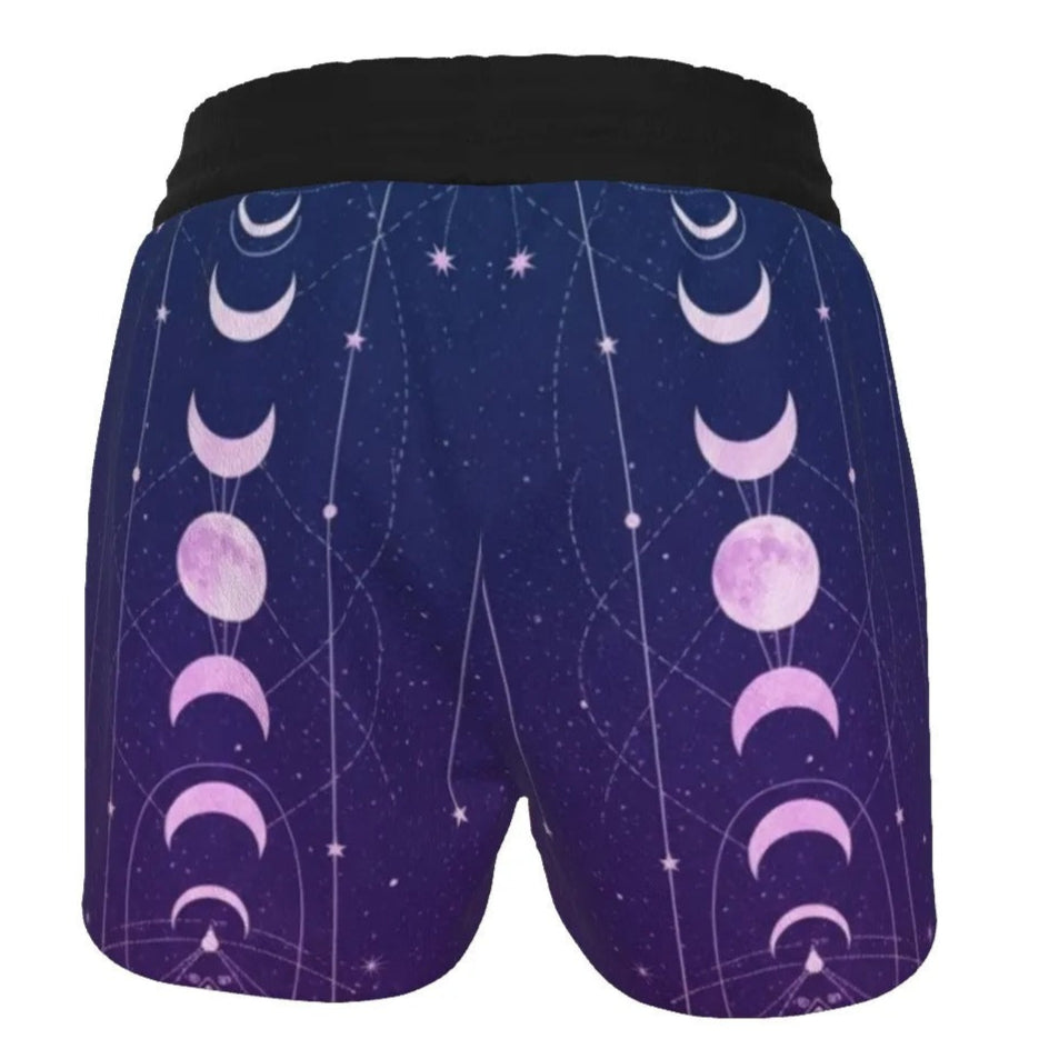 Mystic Lunar Mandala Women’s Shorts, Moon Phase Spiritual Bottoms, Celestial Lotus Print Shorts, Sacred Geometry Cosmic Wear, Boho Mystic Style