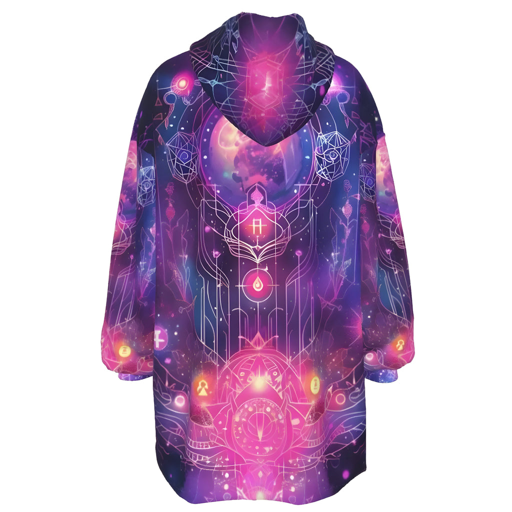 Cosmic Mysticism Sherpa Fleece Hoodie, Galaxy Print Hoodie, Psychedelic Hooded Jacket, Warm Fuzzy Hoodie, Spiritual Festival Wear, Magic Symbols Outerwear, Boho Mystic Clothing