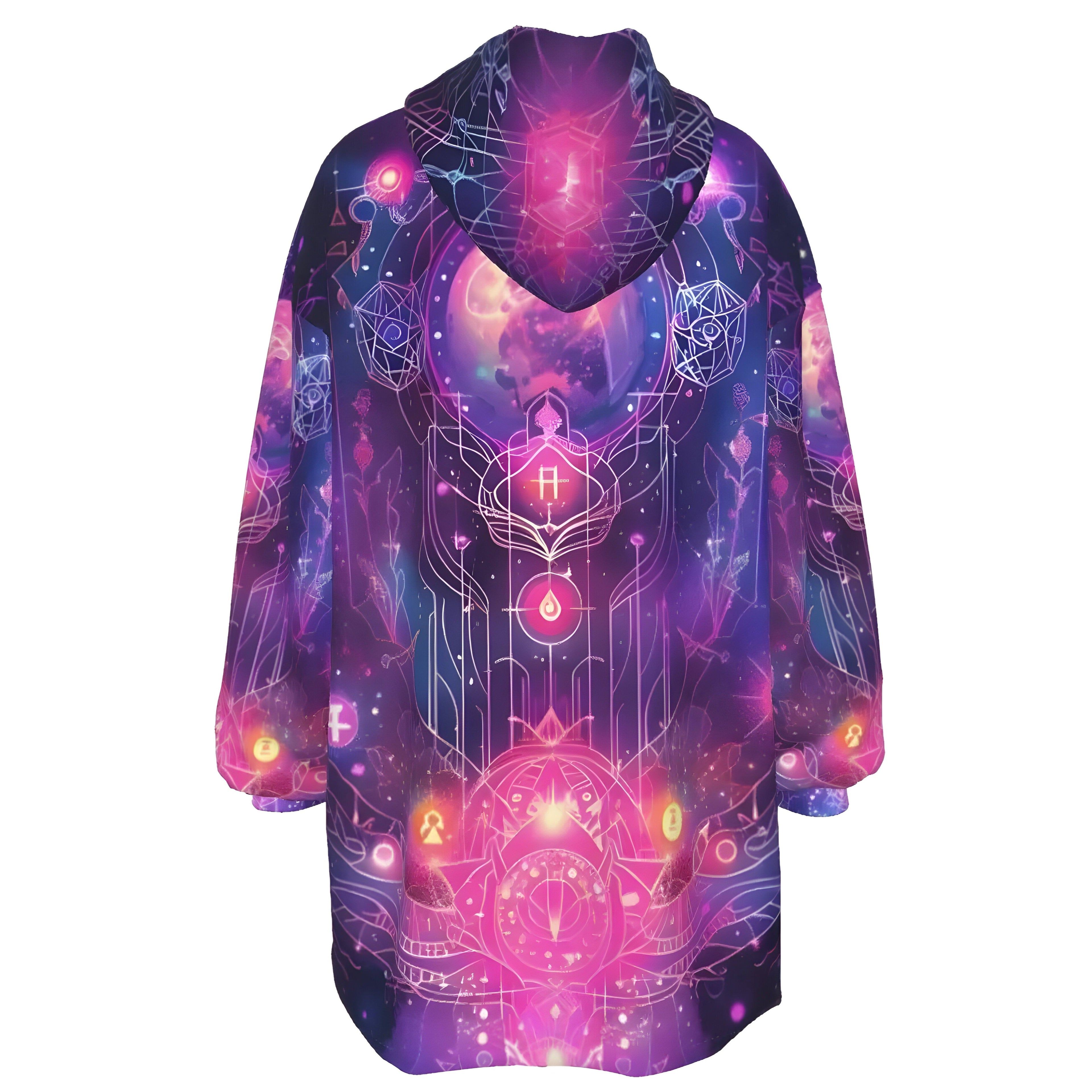 Cosmic Mysticism Sherpa Fleece Hoodie, Galaxy Print Hoodie, Psychedelic Hooded Jacket, Warm Fuzzy Hoodie, Spiritual Festival Wear, Magic Symbols Outerwear, Boho Mystic Clothing