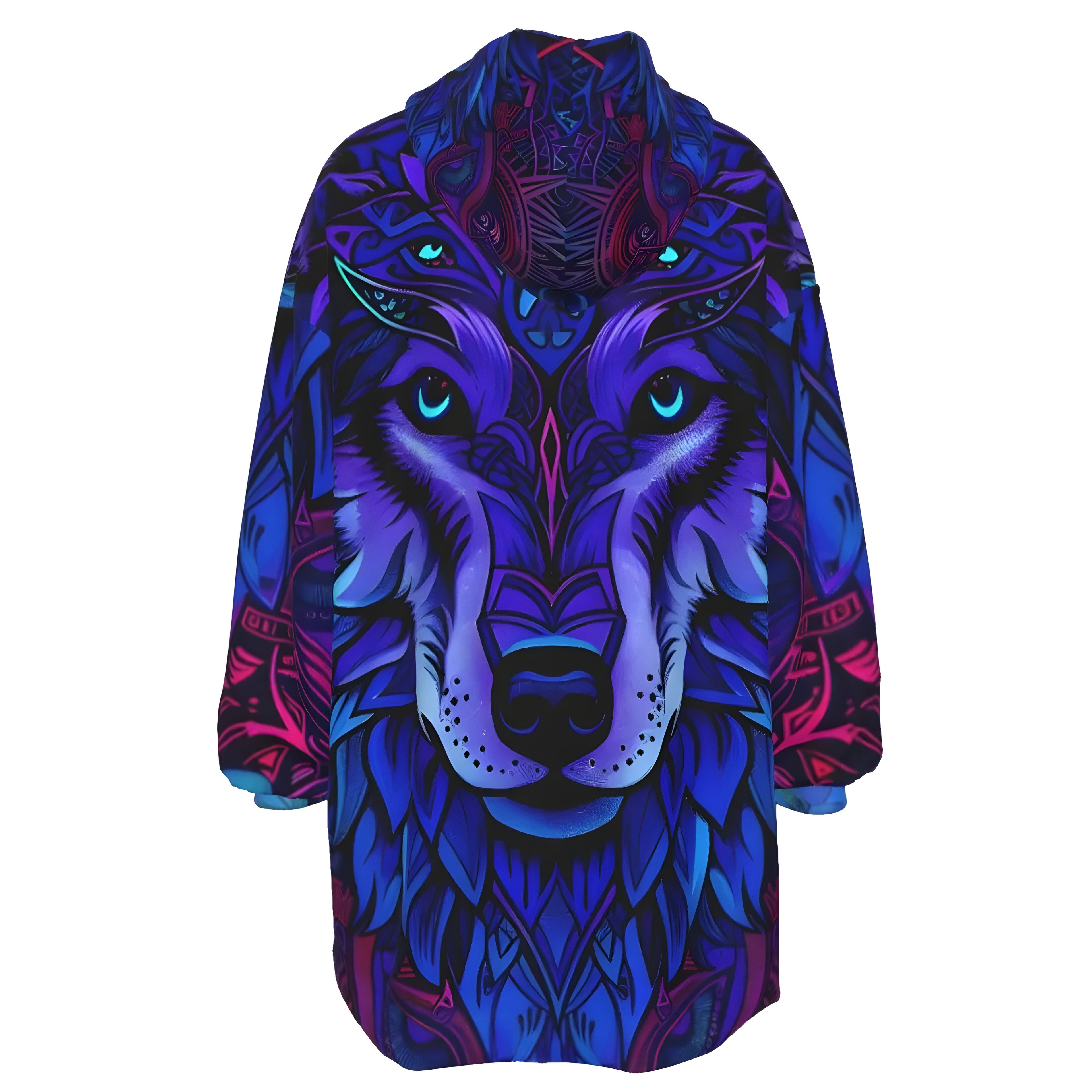 Wolf Mandala Sherpa Fleece Hoodie, Spirit Animal Hoodie, Blue Purple Wolf Art, Tribal Festival Jacket, Psychedelic Outerwear, Boho Mystic Clothing, Shamanic Fashion, Women Hooded Coat