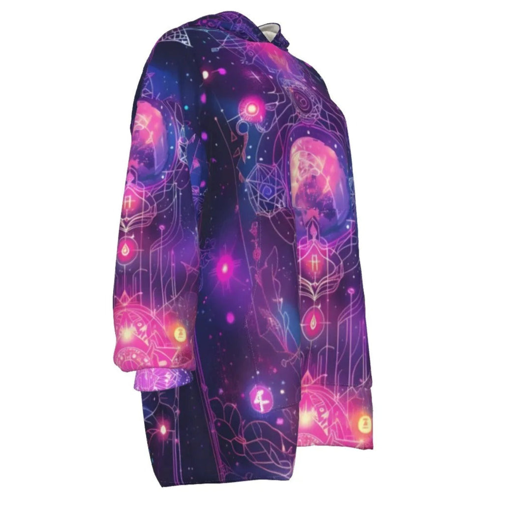 Cosmic Mysticism Sherpa Fleece Hoodie, Galaxy Print Hoodie, Psychedelic Hooded Jacket, Warm Fuzzy Hoodie, Spiritual Festival Wear, Magic Symbols Outerwear, Boho Mystic Clothing