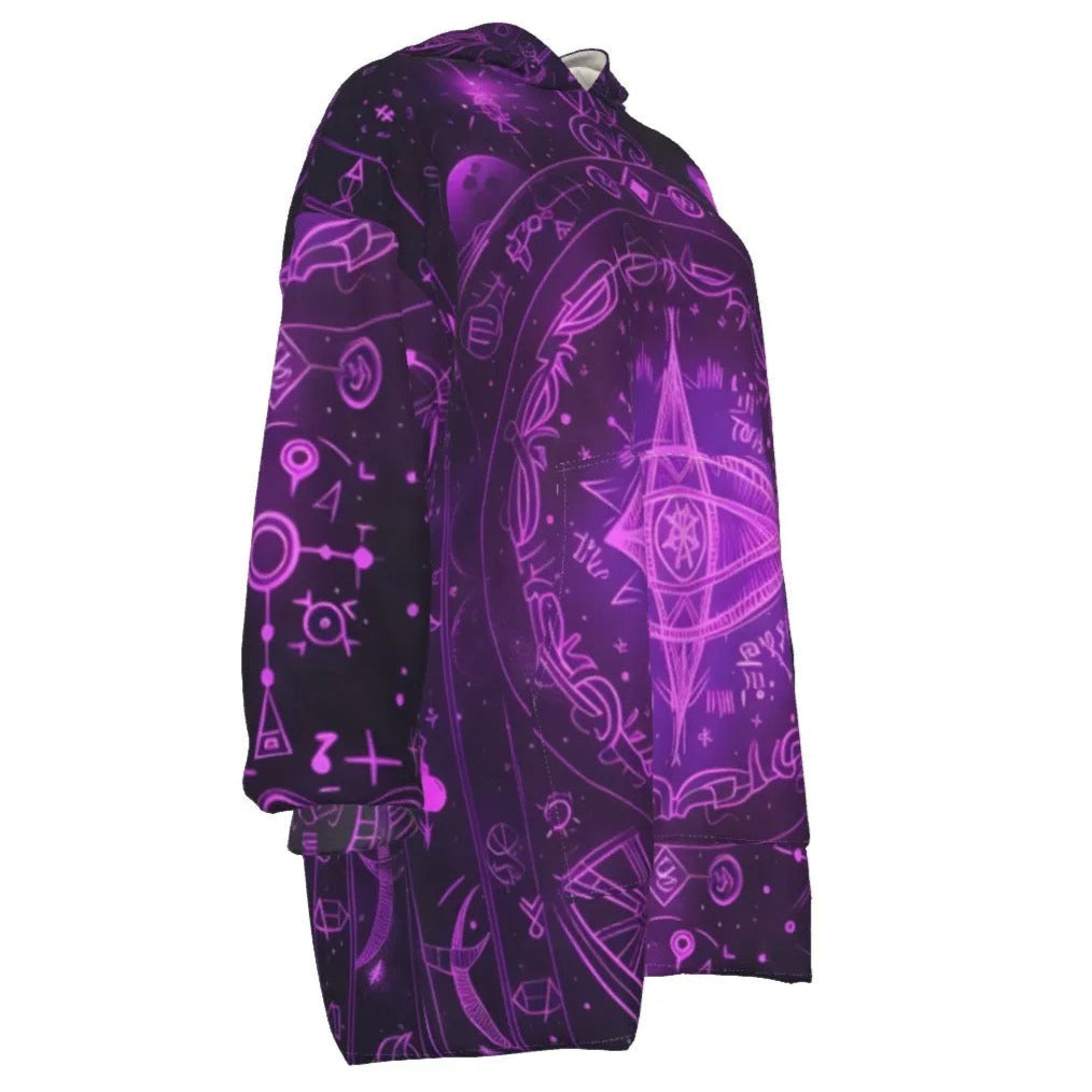 Mystical Fantasy Sherpa Fleece Hoodie, All Seeing Eye Hoodie, Purple Magic Symbols Jacket, Psychedelic Hooded Outerwear, Spiritual Festival Wear, Witchcore Clothing, Boho Mystic Fashion
