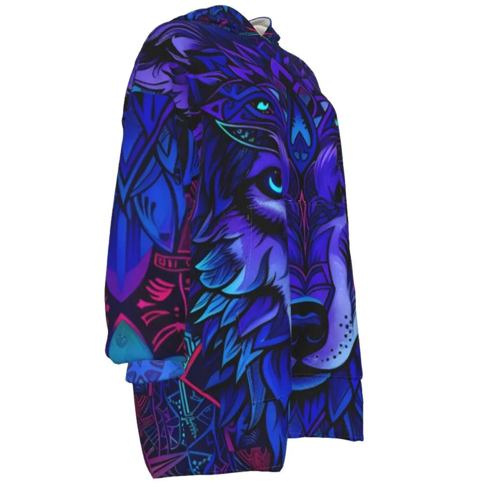 Wolf Mandala Sherpa Fleece Hoodie, Spirit Animal Hoodie, Blue Purple Wolf Art, Tribal Festival Jacket, Psychedelic Outerwear, Boho Mystic Clothing, Shamanic Fashion, Women Hooded Coat
