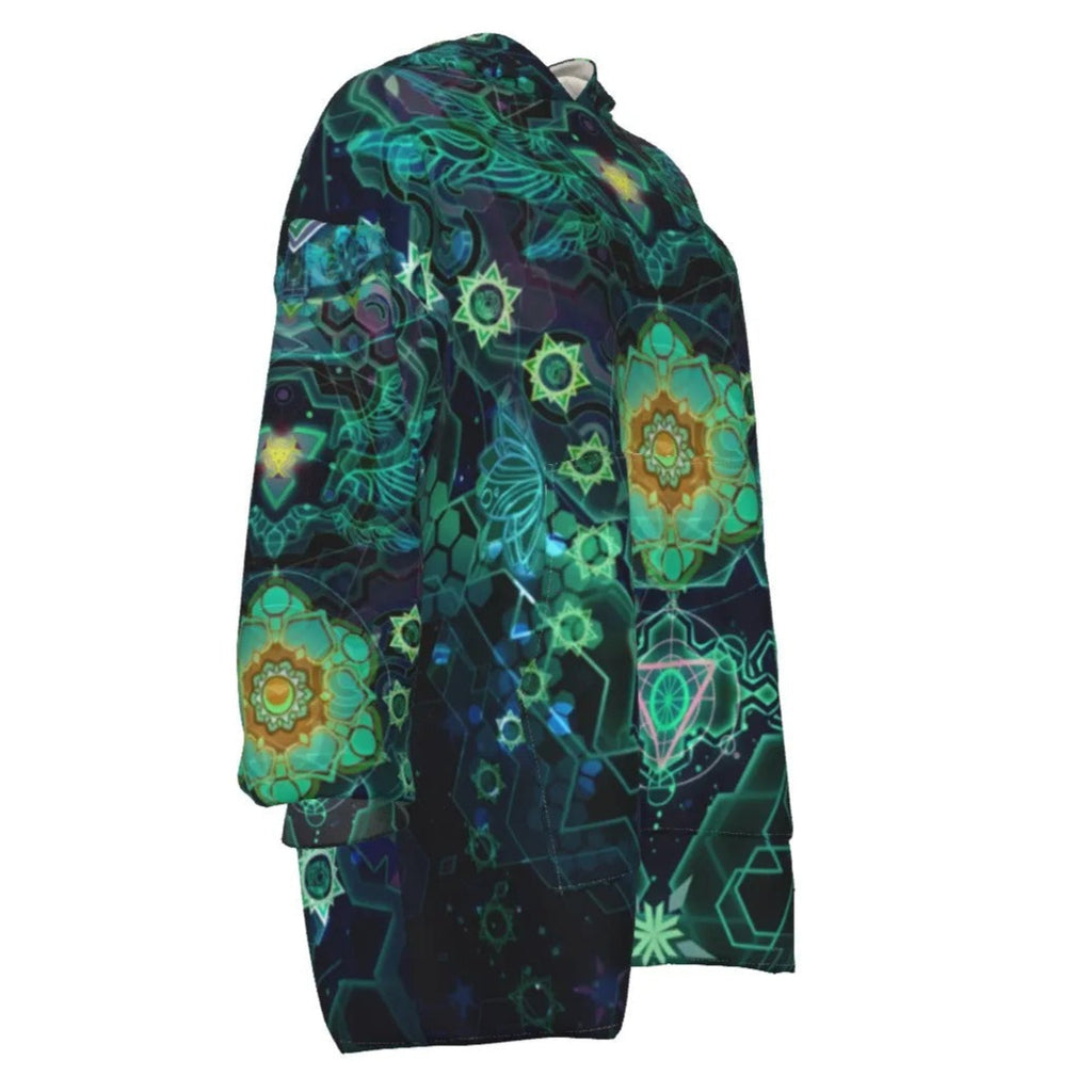 Yantric Geometry Sherpa Fleece Hoodie, Sacred Geometry Hoodie, Green Mandala Art Jacket, Psychedelic Hooded Outerwear, Spiritual Festival Wear, Boho Meditation Clothing, Mystic Fashion