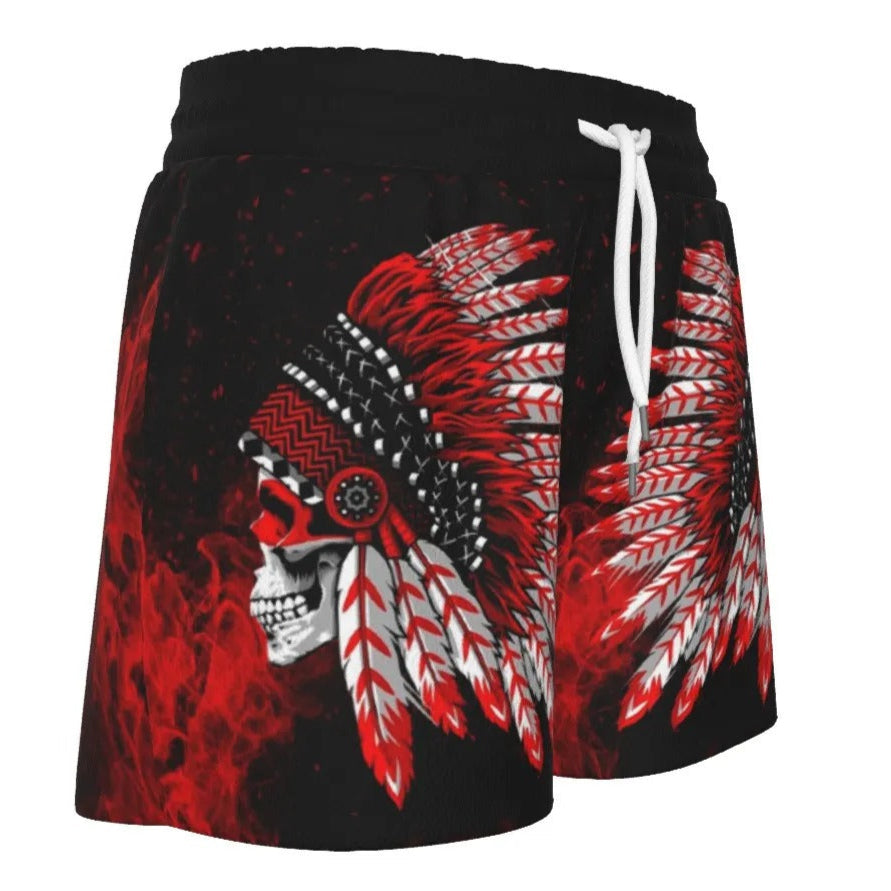 Native American Skull Women’s Shorts, Red Feather Headdress Bottoms, Tribal Gothic Shorts, Red Smoke Graphic Wear, Warrior Biker Style
