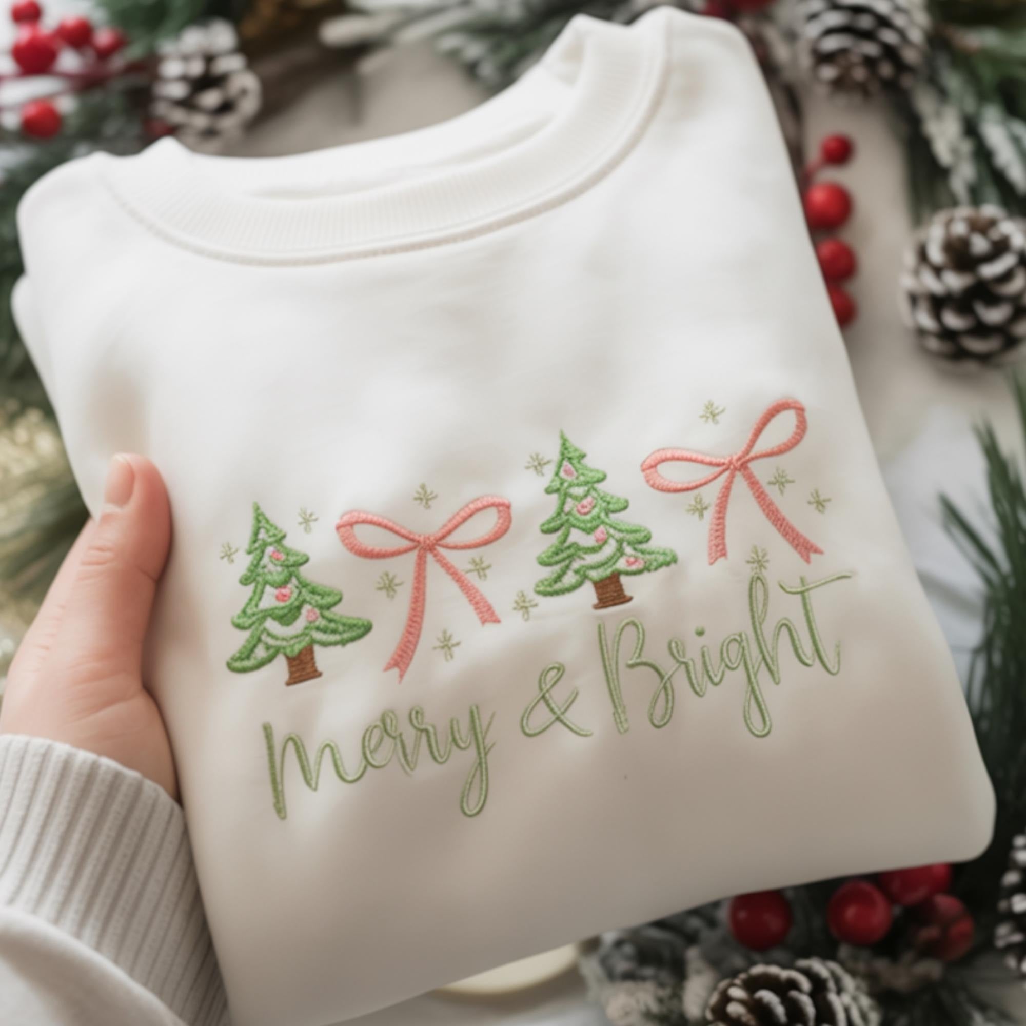 Merry & Bright Embroidered Christmas Sweatshirt, Cute Pastel Xmas Tree Sweatshirt, Holiday Cozy Crewneck Gift for Her, Winter Oufits EBAC67