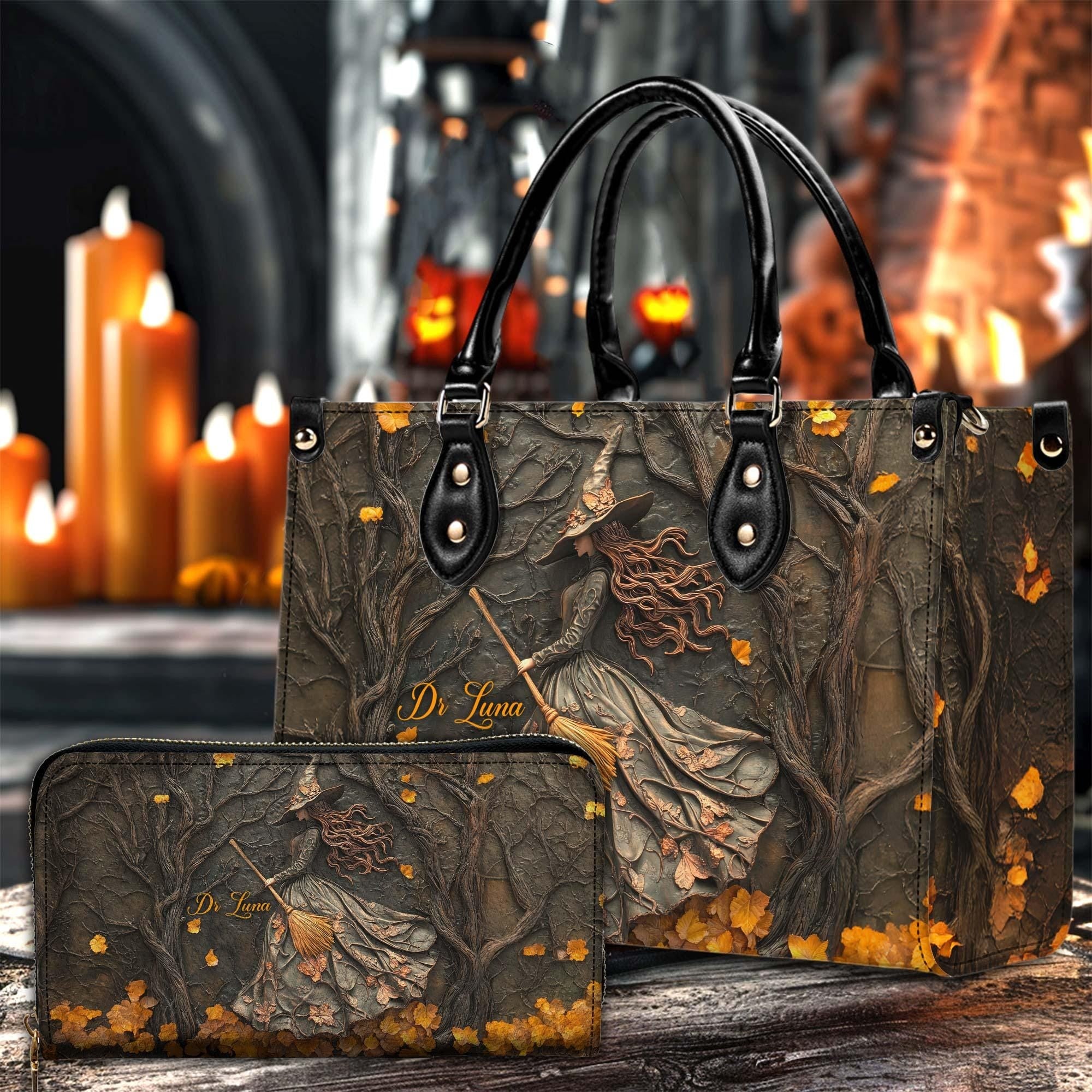 Personalized Witch Art Print Handbag With Handle, Spooky Halloween Bags, Trick Or Treat Halloween Bags, Custom Gifts