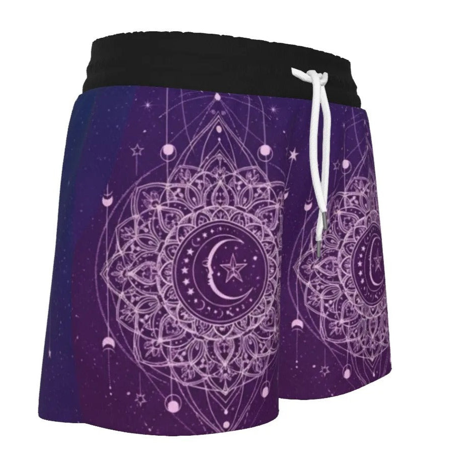 Mystic Lunar Mandala Women’s Shorts, Moon Phase Spiritual Bottoms, Celestial Lotus Print Shorts, Sacred Geometry Cosmic Wear, Boho Mystic Style
