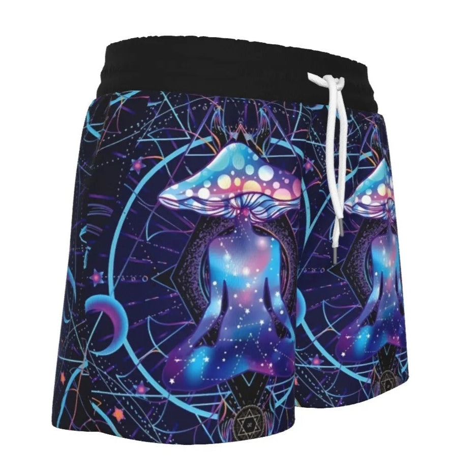 Mystic Mushroom Awakening Women’s Shorts, Psychedelic Spiritual Bottoms, Cosmic Mushroom Print Shorts, Visionary Art Festival Wear, Boho Mystic Style
