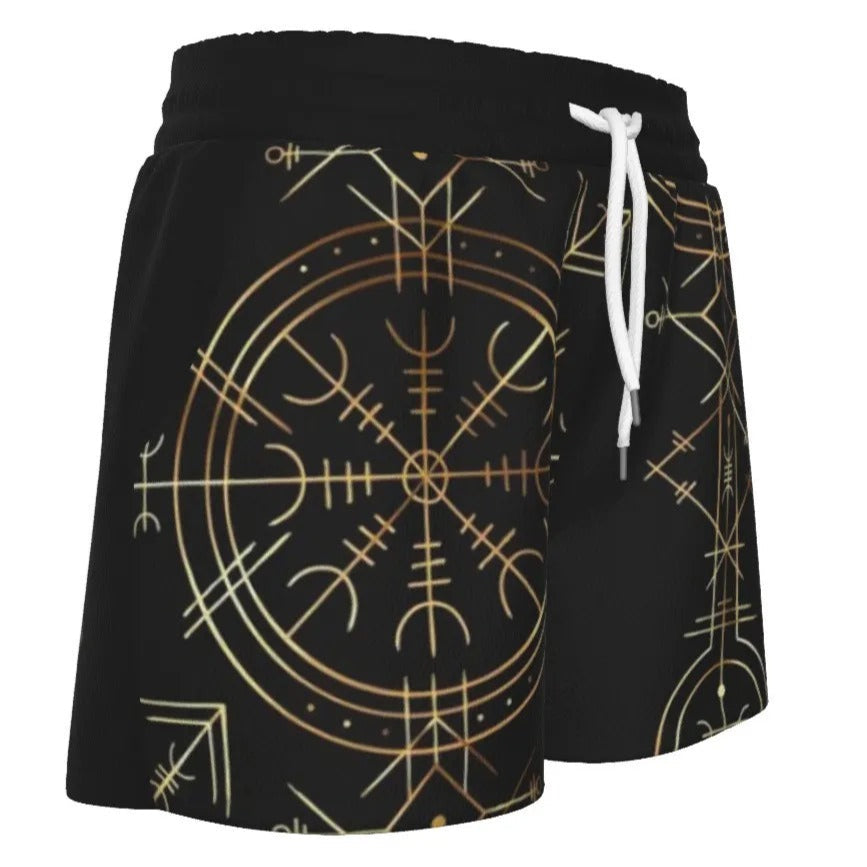 Viking Vegvisir Mysticism Women’s Shorts, Norse Rune Viking Bottoms, Nordic Compass Spiritual Activewear, Viking Sacred Geometry Shorts