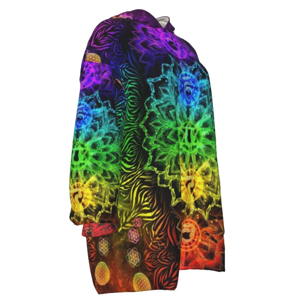 Sacred Chakras Sherpa Fleece Hoodie, Rainbow Chakra Hoodie, Spiritual Energy Jacket, Yoga Meditation Outerwear, Psychedelic Festival Wear, Boho Mystic Clothing, Healing Symbol Fashion