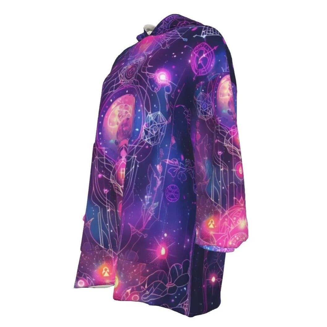 Cosmic Mysticism Sherpa Fleece Hoodie, Galaxy Print Hoodie, Psychedelic Hooded Jacket, Warm Fuzzy Hoodie, Spiritual Festival Wear, Magic Symbols Outerwear, Boho Mystic Clothing