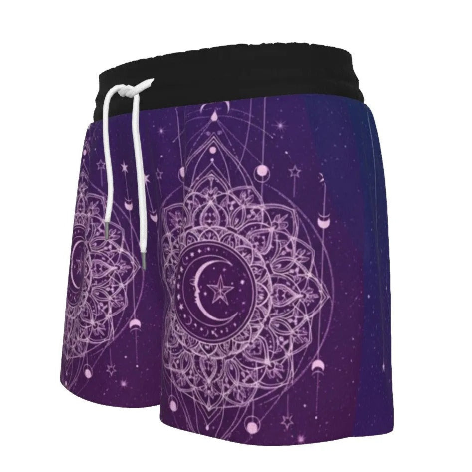 Mystic Lunar Mandala Women’s Shorts, Moon Phase Spiritual Bottoms, Celestial Lotus Print Shorts, Sacred Geometry Cosmic Wear, Boho Mystic Style