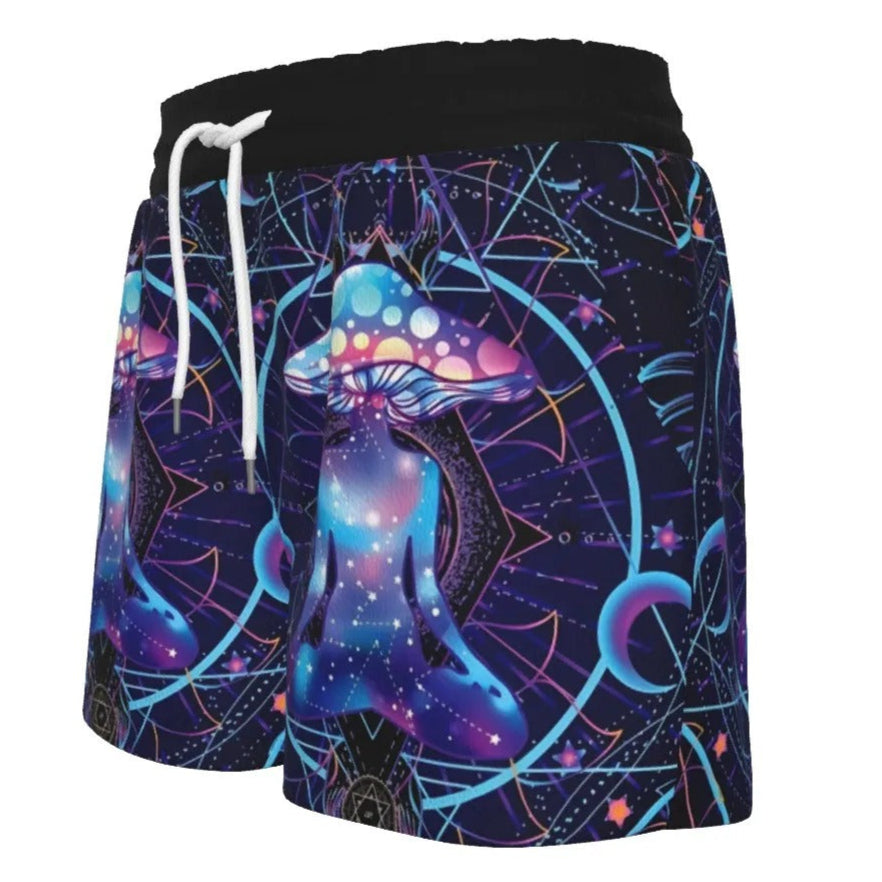 Mystic Mushroom Awakening Women’s Shorts, Psychedelic Spiritual Bottoms, Cosmic Mushroom Print Shorts, Visionary Art Festival Wear, Boho Mystic Style