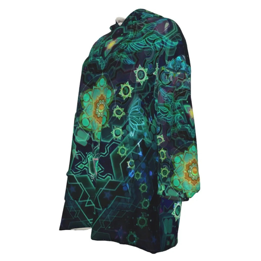 Yantric Geometry Sherpa Fleece Hoodie, Sacred Geometry Hoodie, Green Mandala Art Jacket, Psychedelic Hooded Outerwear, Spiritual Festival Wear, Boho Meditation Clothing, Mystic Fashion