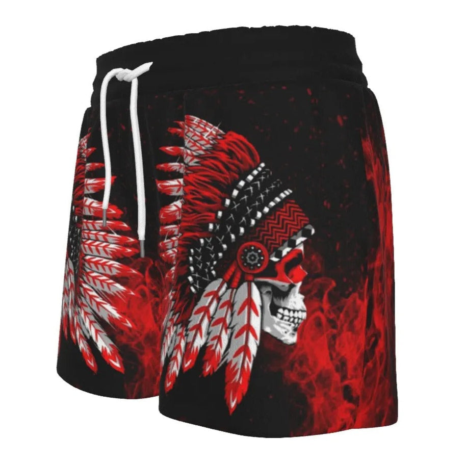 Native American Skull Women’s Shorts, Red Feather Headdress Bottoms, Tribal Gothic Shorts, Red Smoke Graphic Wear, Warrior Biker Style