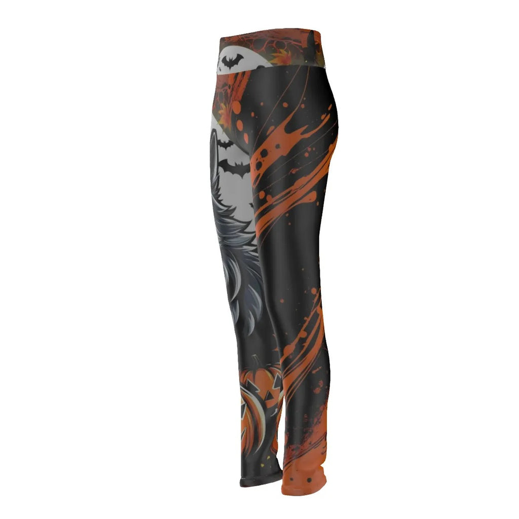 Howling Halloween Costumes Night Wolf Leggings, Spooky Pumpkin Bat Yoga Pants, Halloween Costume Ideas Activewear, Autumn Wolf Tights