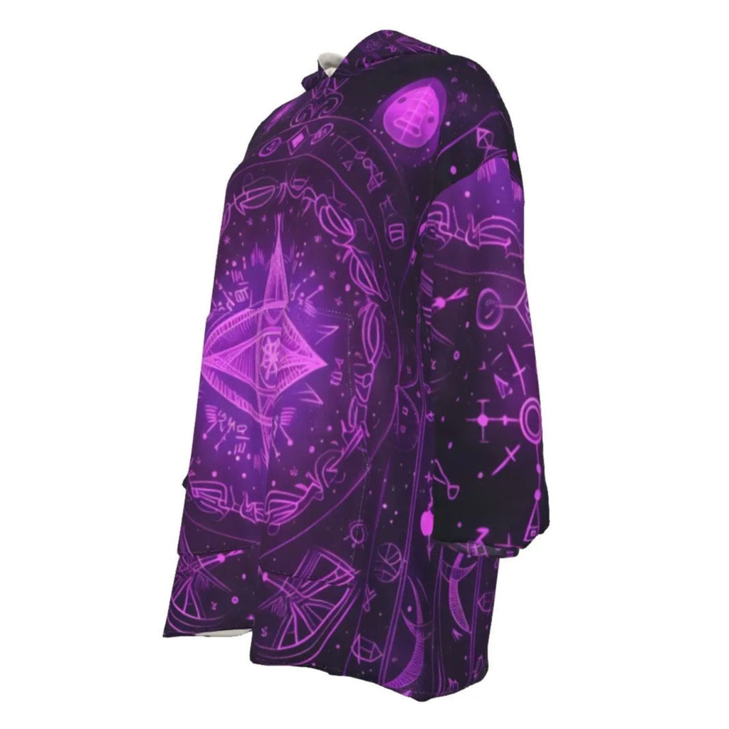 Mystical Fantasy Sherpa Fleece Hoodie, All Seeing Eye Hoodie, Purple Magic Symbols Jacket, Psychedelic Hooded Outerwear, Spiritual Festival Wear, Witchcore Clothing, Boho Mystic Fashion