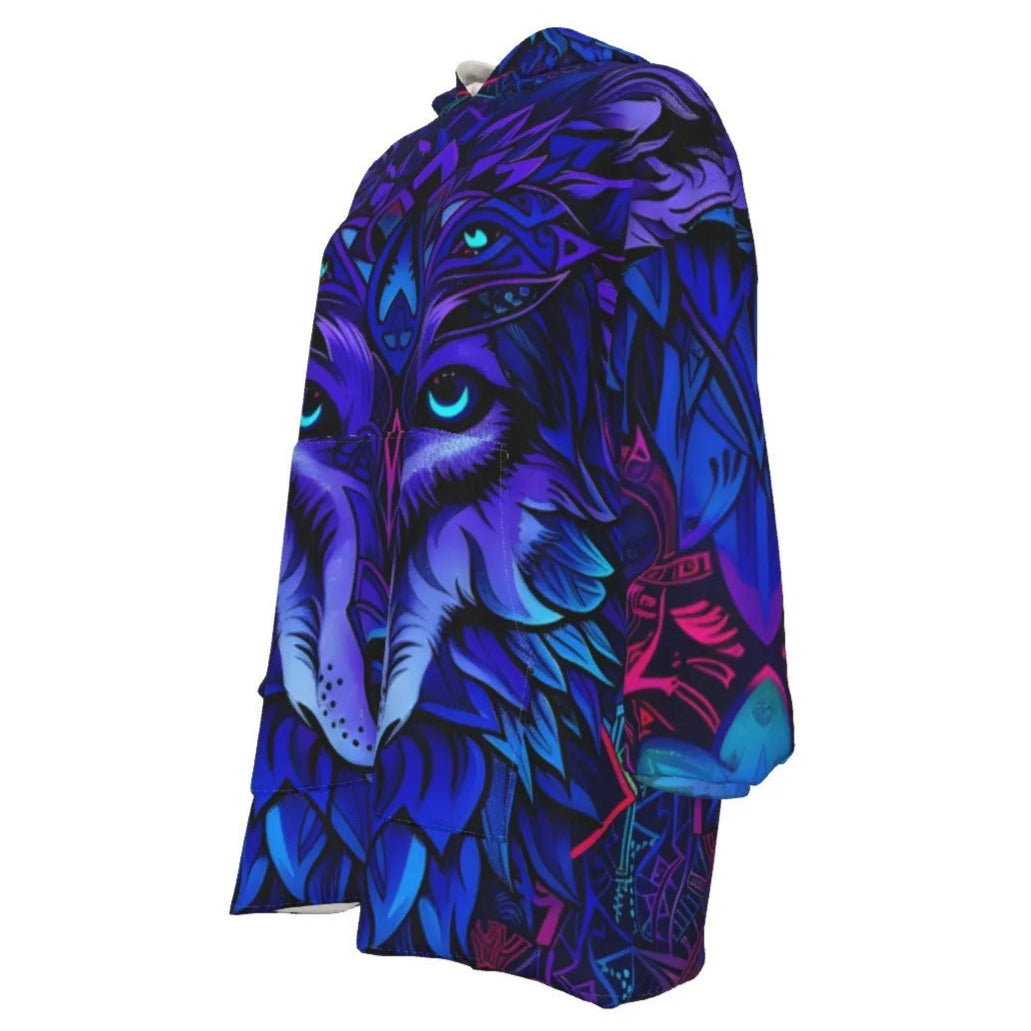 Wolf Mandala Sherpa Fleece Hoodie, Spirit Animal Hoodie, Blue Purple Wolf Art, Tribal Festival Jacket, Psychedelic Outerwear, Boho Mystic Clothing, Shamanic Fashion, Women Hooded Coat