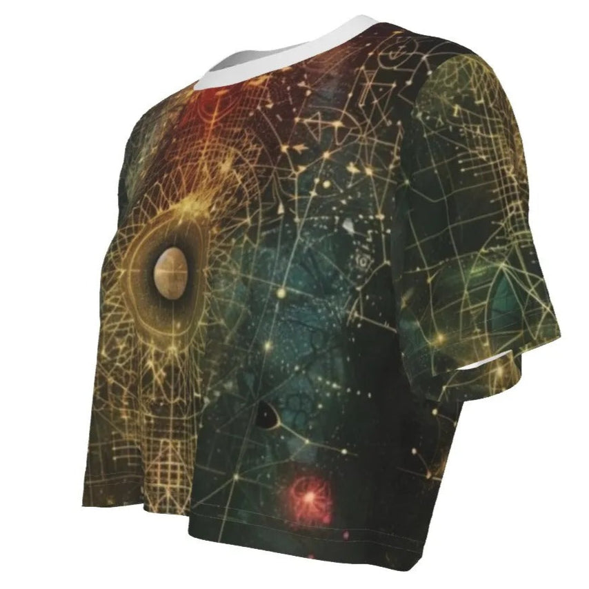 Celestial Alchemy Crop Top, Sacred Geometry Graphic Tee for Starseeds & Spiritual Fashion Lovers, Celestial Universe-Inspired Shirt for Divine Feminine Style