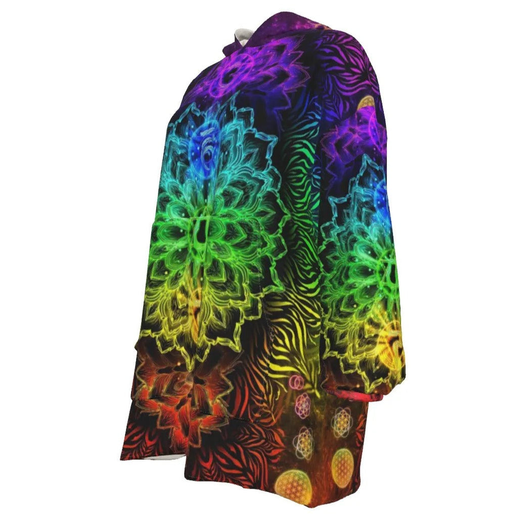 Sacred Chakras Sherpa Fleece Hoodie, Rainbow Chakra Hoodie, Spiritual Energy Jacket, Yoga Meditation Outerwear, Psychedelic Festival Wear, Boho Mystic Clothing, Healing Symbol Fashion