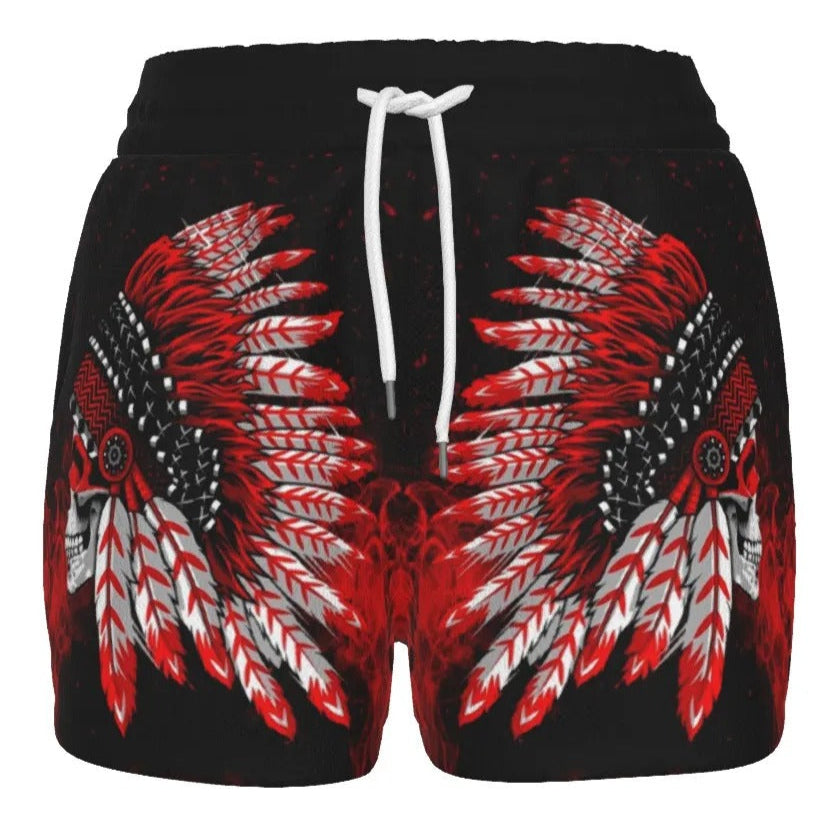 Native American Skull Women’s Shorts, Red Feather Headdress Bottoms, Tribal Gothic Shorts, Red Smoke Graphic Wear, Warrior Biker Style