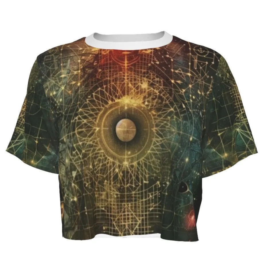 Celestial Alchemy Crop Top, Sacred Geometry Graphic Tee for Starseeds & Spiritual Fashion Lovers, Celestial Universe-Inspired Shirt for Divine Feminine Style